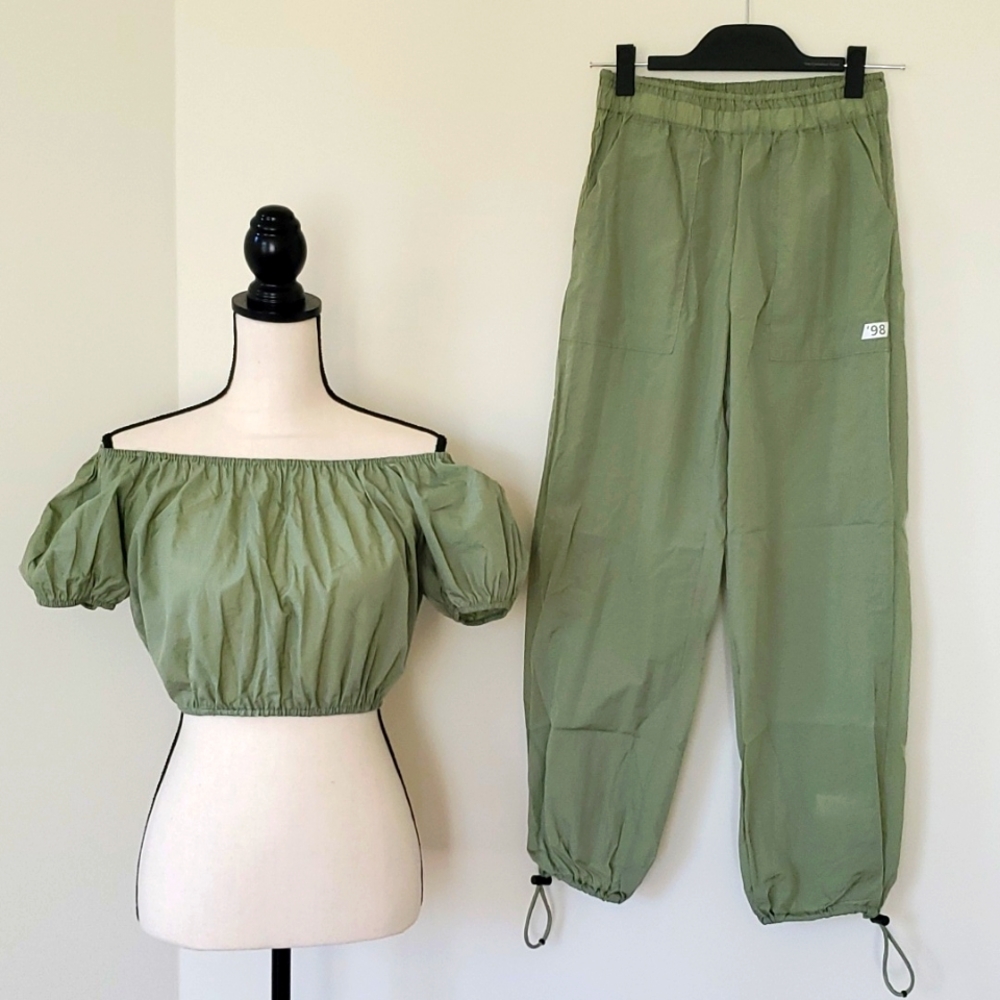 WAYF '98 Nordstrom Brand Kakhi Parachute Fabric Pant and Crop Top Size XS
